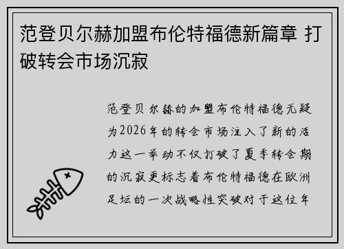 范登贝尔赫加盟布伦特福德新篇章 打破转会市场沉寂 范登贝尔赫加盟布伦特福德新篇章 打破转会市场沉寂